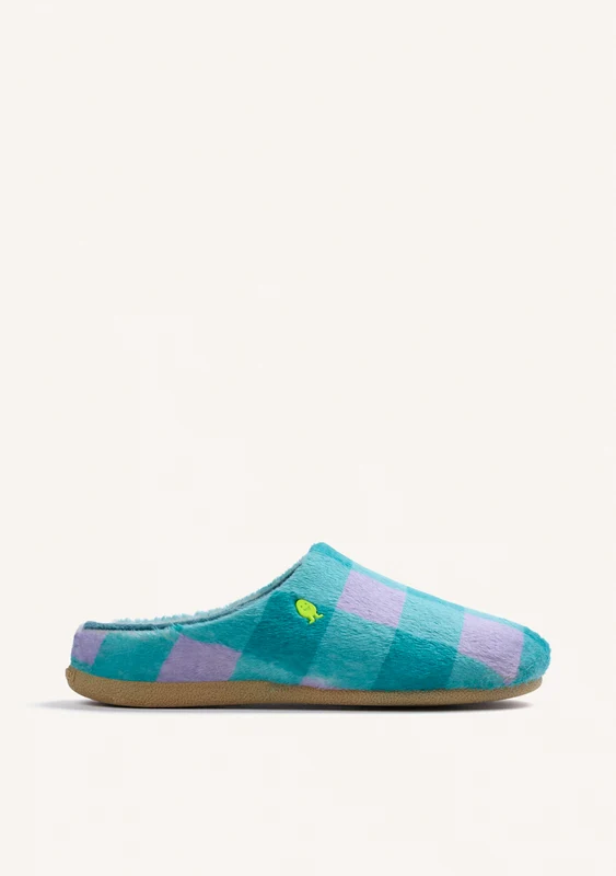 GREEN AND LILAC CHECKERED FUR HOUSE SLIPPERS 37