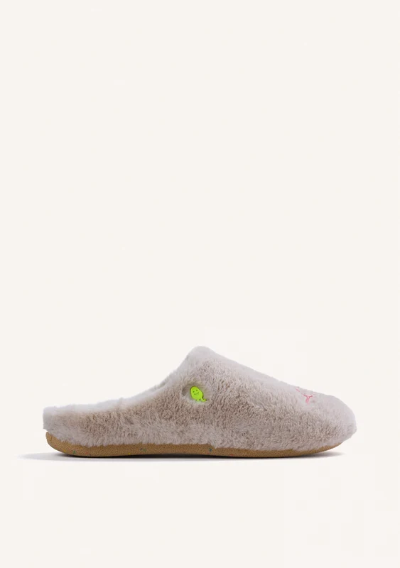 GREY FUR HOUSE SLIPPERS WITH DESIGN AND TEXT 39