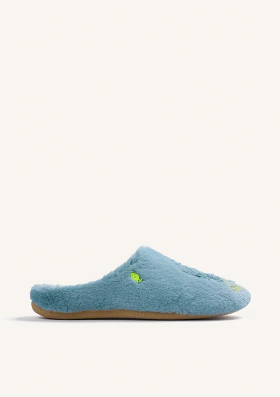 GREEN FUR HOUSE SLIPPERS WITH DESIGN AND TEXT 36