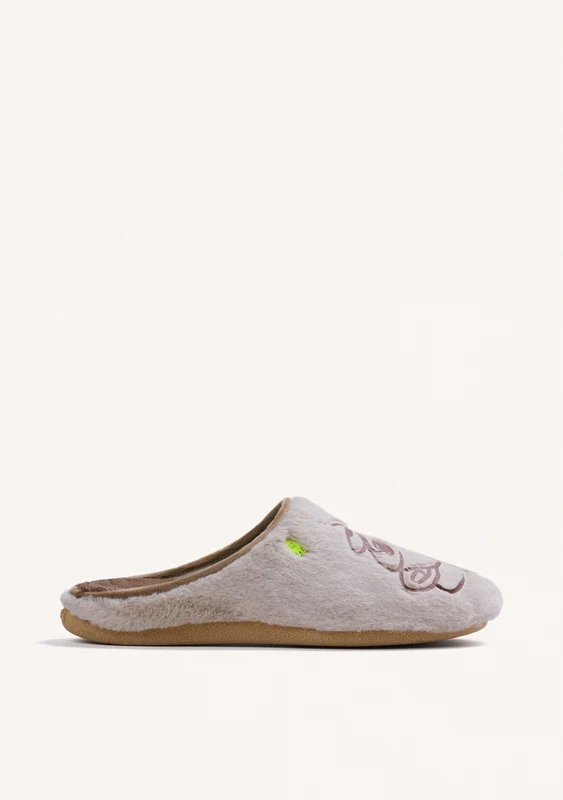 BEIGE FURRY HOUSE SLIPPERS WITH DESIGN AND TEXT 43