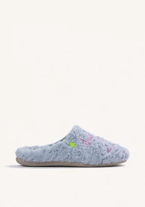 BLUE FUZZY HOUSE SLIPPERS WITH DESIGN AND TEXT 38