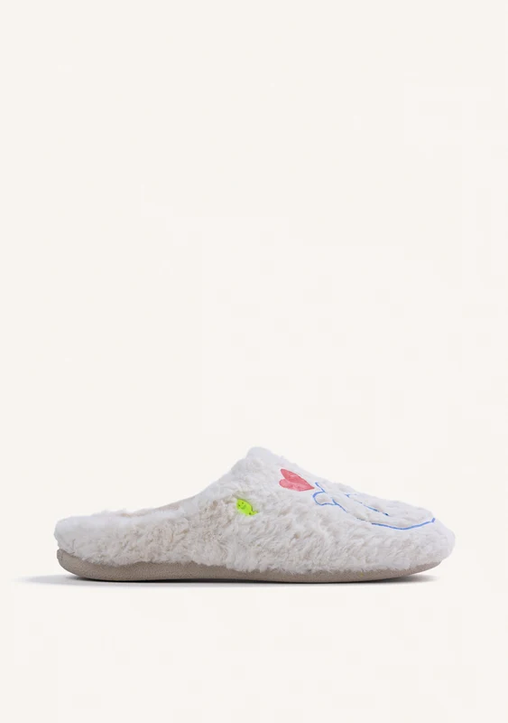 BEIGE FUR HOUSE SLIPPERS WITH DESIGN AND TEXT 36