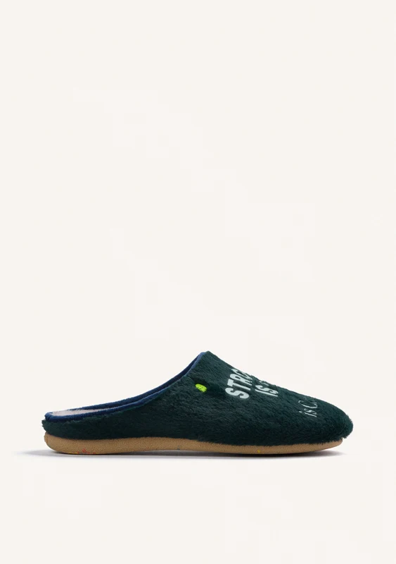 GREEN FUZZY HOUSE SLIPPERS WITH TEXT 46