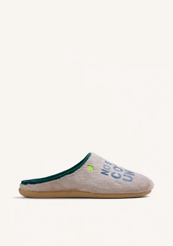 BEIGE FUR HOUSE SLIPPERS WITH DESIGN AND TEXT 41