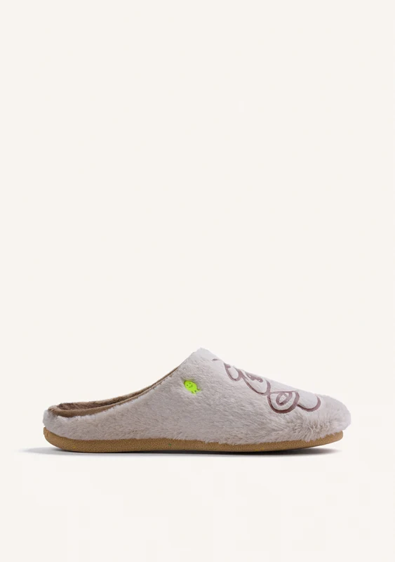 BEIGE FUZZY HOUSE SLIPPERS WITH DESIGN AND TEXT 37