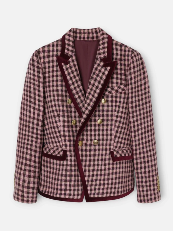 Americana cruzada ribete terciopelo cuadros vichy rosa claro 42 / ROSA