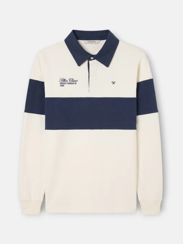 Polo manga larga raya azul marino crema L / CREMA
