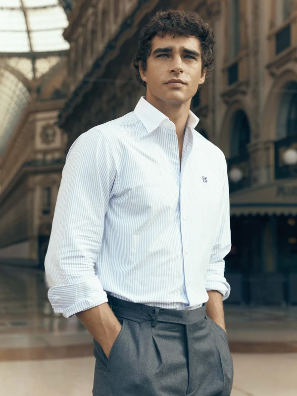 Camisa vestir unique cuello blanco rayas celeste 36 / AZUL