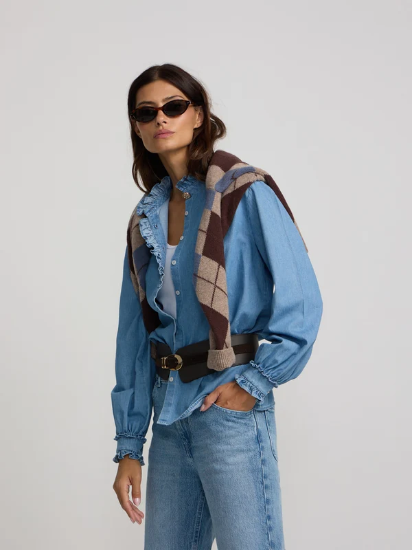 Camisa cuello volante detalle puño denim 38 / AZUL