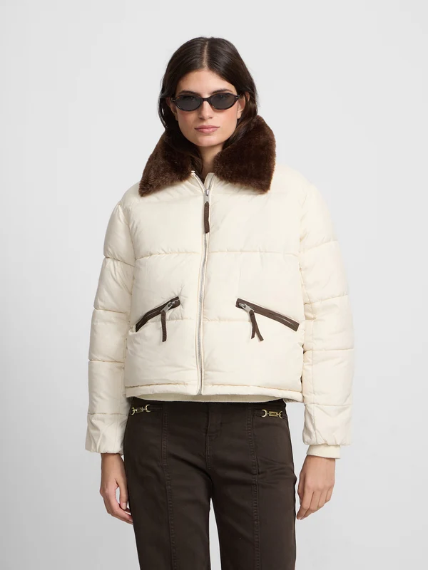 Parka corta acolchada cuello pelo crudo XS / BEIGE