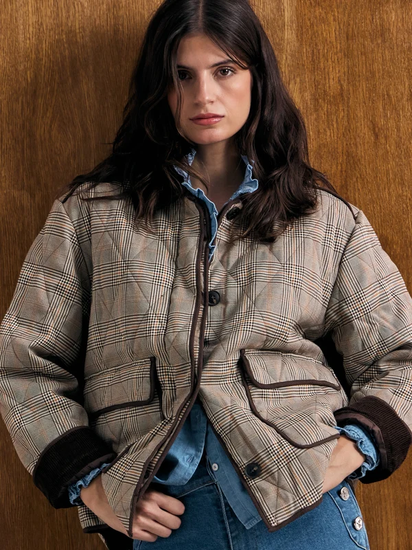 Parka corta acolchada cuadros marrones S / MARRÓN