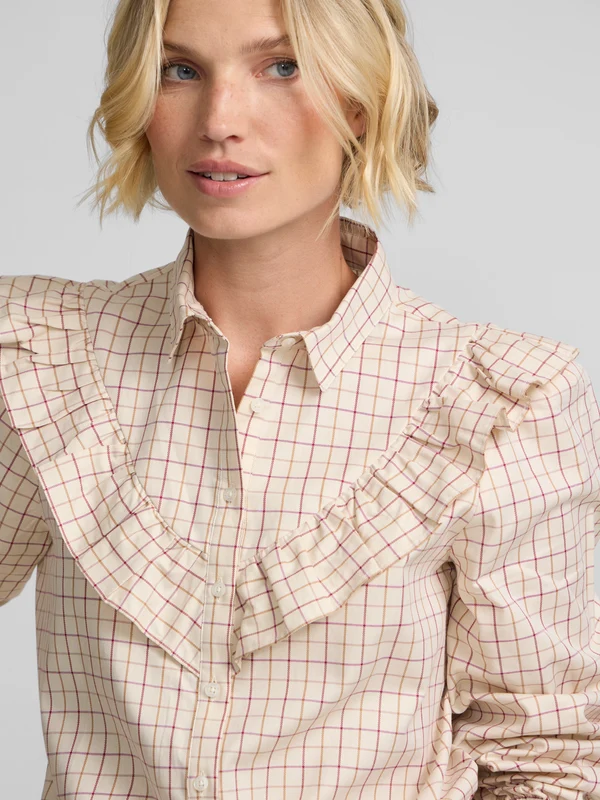 Camisa volantes cuadros beige 40 / BEIGE