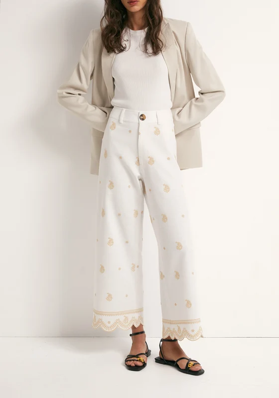 Embroidered Linen Blend Loose Trousers - White White / L
