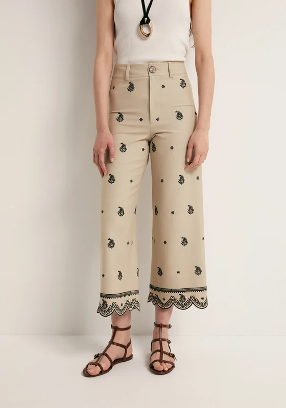 Embroidered Linen Blend Loose Trousers - Beige Beige / M