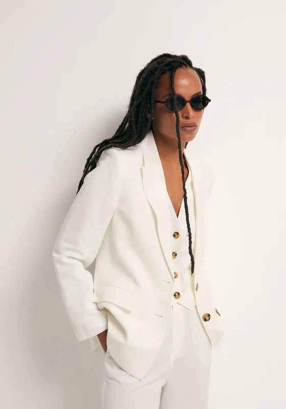 Double Breasted Linen Jacket - White White / M