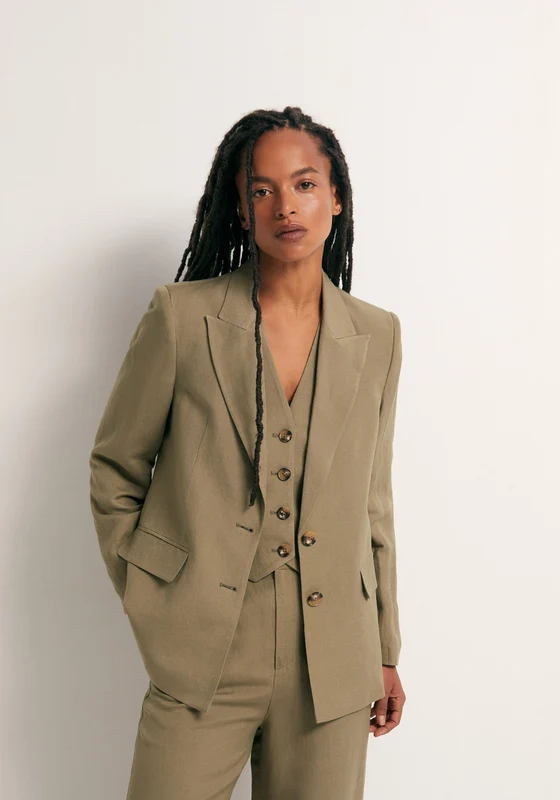 Linen Double Breasted Jacket - Khaki Khaki / M