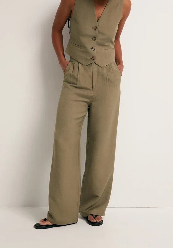 Wide Pleated Linen Trousers - Khaki Khaki / 38