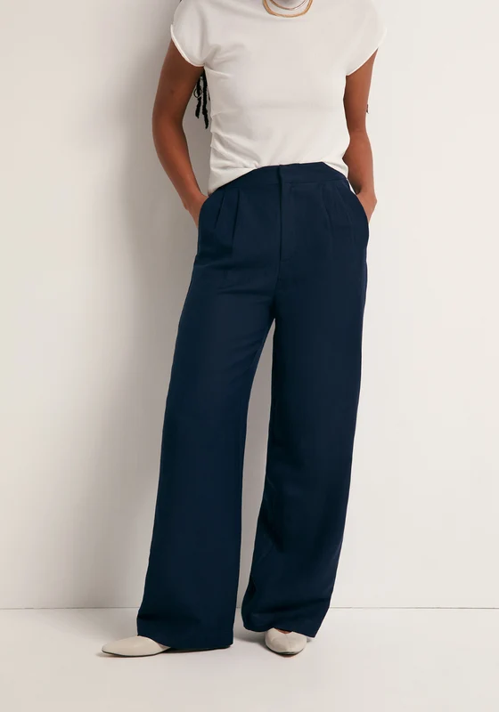 Pleated Formal Linen Trousers - Blue Navy / 44