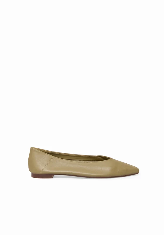 Basic Leather V-Cut Flats - Green Olive / 36