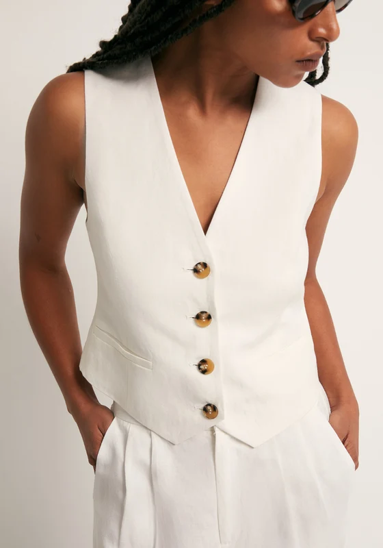 Pointed Hem Linen Waistcoat - White White / XL