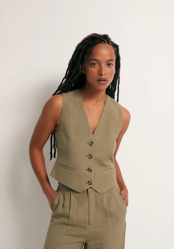 Linen Pointed Hem Waistcoat - Khaki Khaki / L