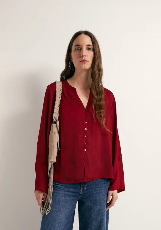 Buttons Loose Fit Blouse - Red Burgundy / S