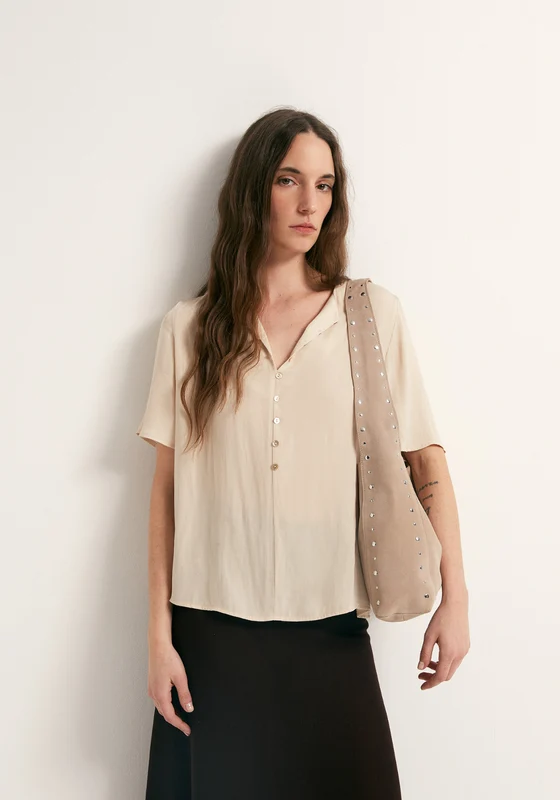 Short-Sleeved V-Neck Blouse - Beige Beige / S