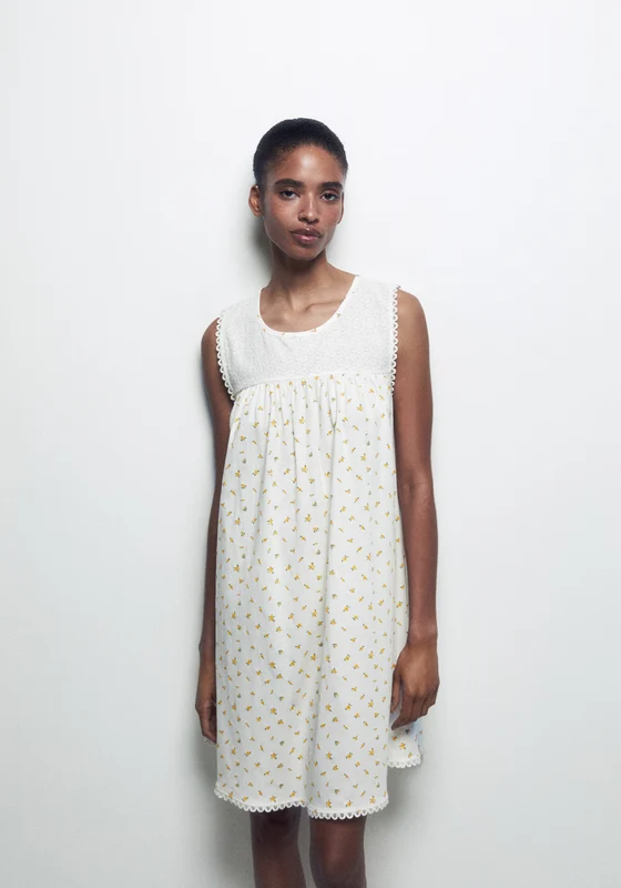 100% Cotton Sleeveless Floral Nightdress - Nude Ecru / L