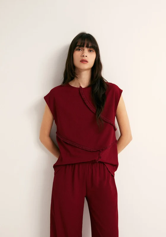 Frayed Trim Top - Red Burgundy / L
