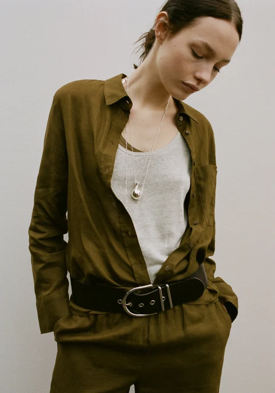 Pocket Linen Straight Shirt - Green Dark Green / L