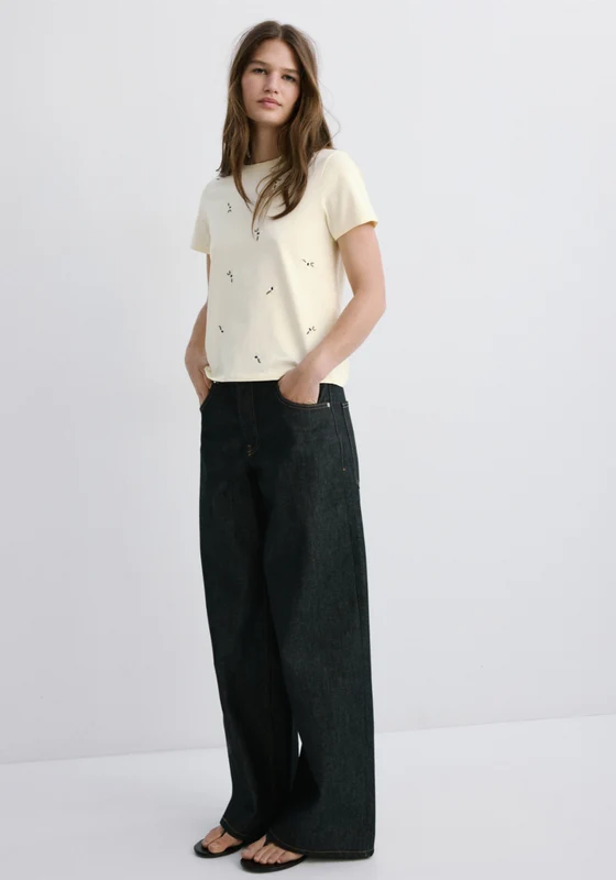 Floral Embroidered Cotton T-Shirt - Yellow Pastel Yellow / XL