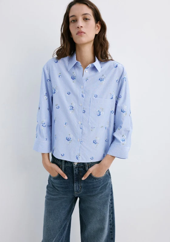 Flower Embroidered Striped Shirt - Blue Light Blue / M