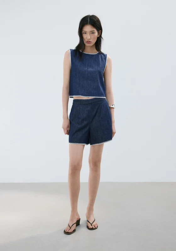 Contrast Trim Denim Top - Denim Blue Open Blue / S