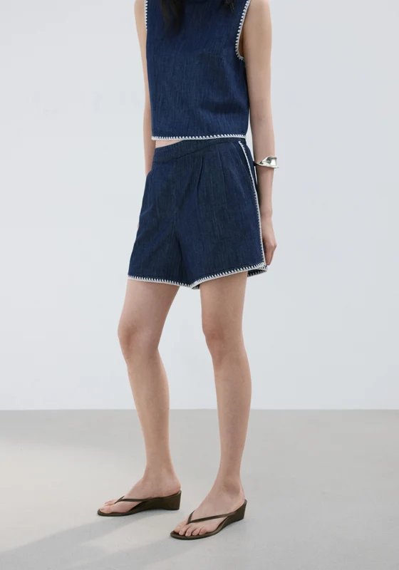 Contrast Trim Denim Shorts - Denim Blue Open Blue / XL