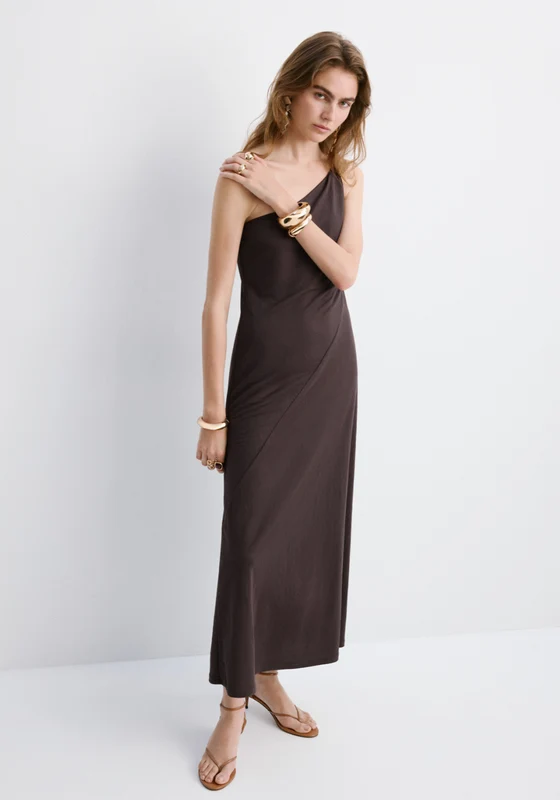Asymmetrical Dress With Gathered Strap - Brown Brown / XS