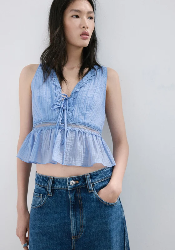 Lyocell Top With Contrasting Trim - Blue Light Blue / L