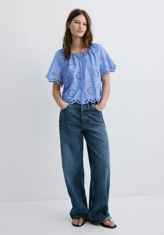 100% Cotton Blouse With Broderie Anglaise Embroidery - Blue Blue / S