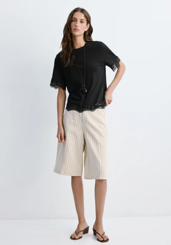 Cotton T-Shirt With Broderie Anglaise Details - Black Black / M