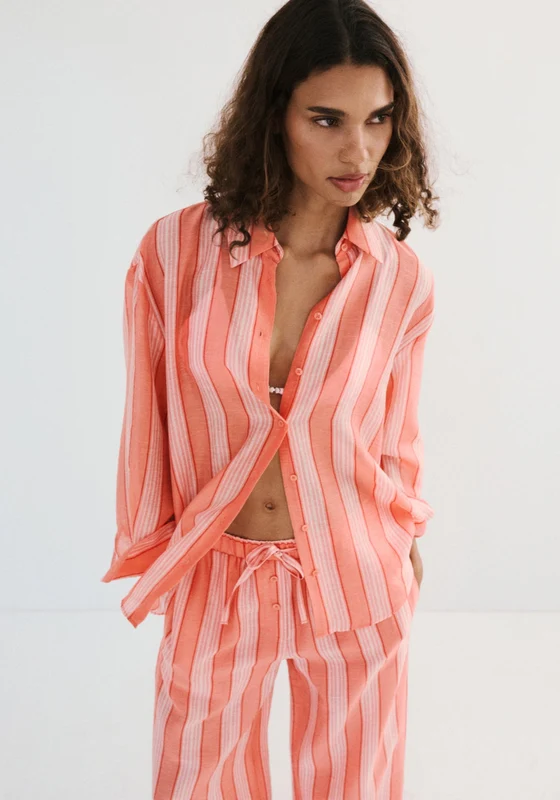 Linen Lyocell Blend Stripe Shirt - Orange Orange / S