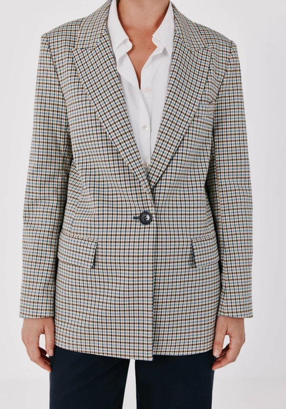 Checked Fabric Blazer With Pokets - Blue Print Blue Print / L