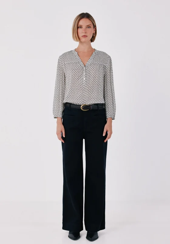 Printed Fluid Blouse - White Print White Print / 2XL