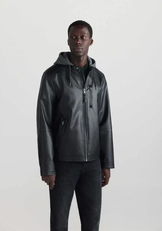 Faux Leather Hooded Jacket - Black Black / L