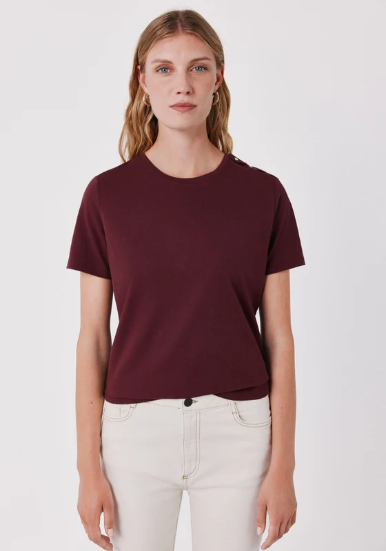 Gold button basic T-shirt - Maroon Maroon / S