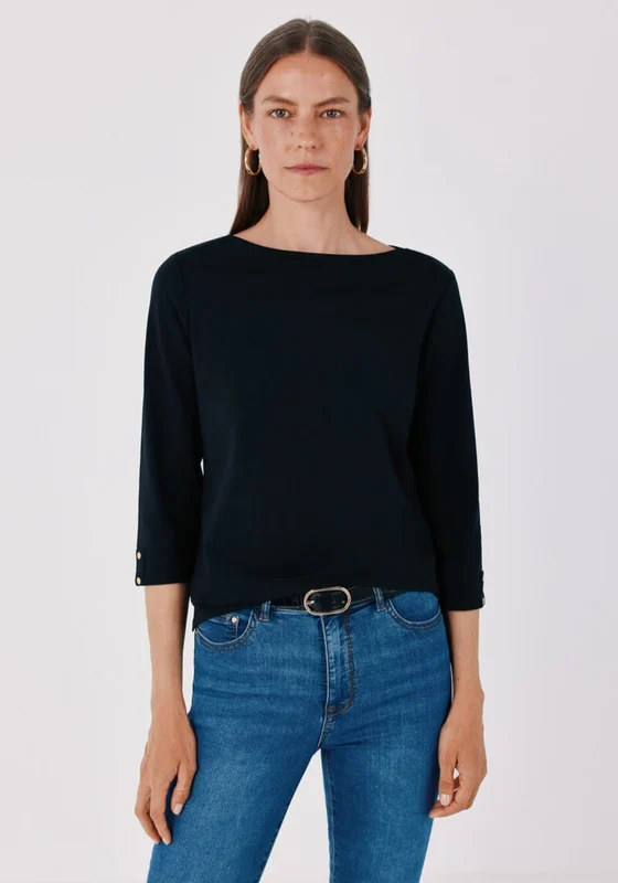 Boat Neck T-Shirt With Gold Buttons - Black Black / L