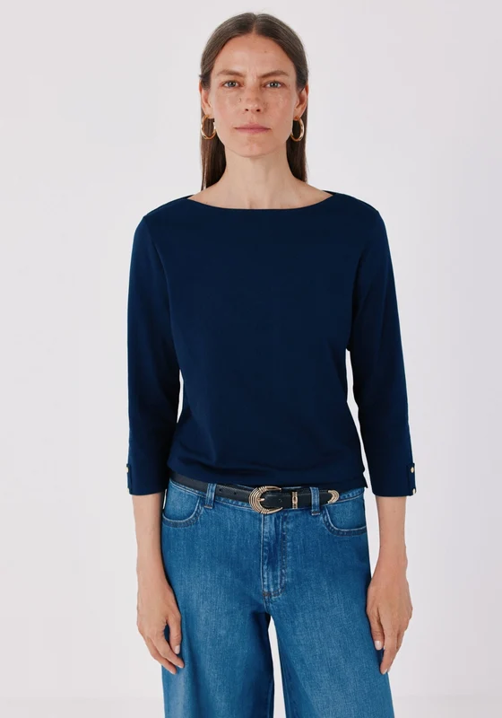 Boat Neck T-Shirt With Gold Buttons - Navy Navy / S