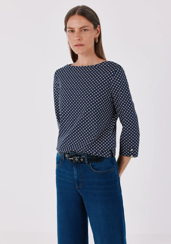 Boat Neck T-Shirt With Gold Buttons - Blue Print Blue Print / M