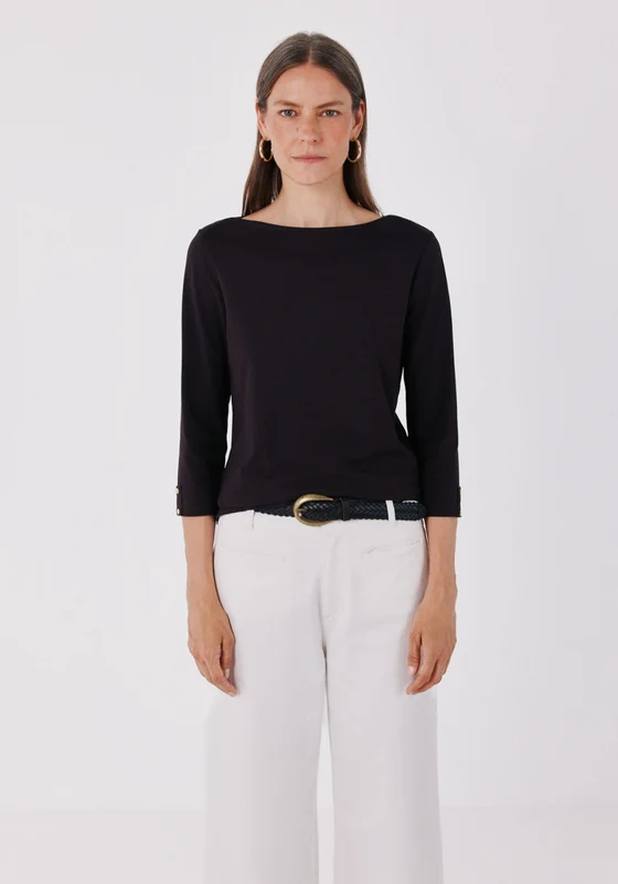 Boat Neck T-Shirt With Gold Buttons - Dark Brown Dark Brown / XL