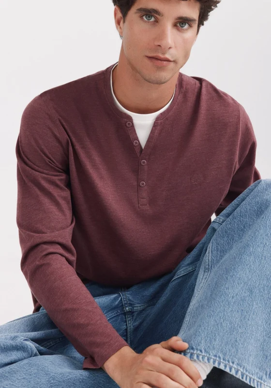 Stripe Mandarin Collar Tee - Red Maroon / 2XL