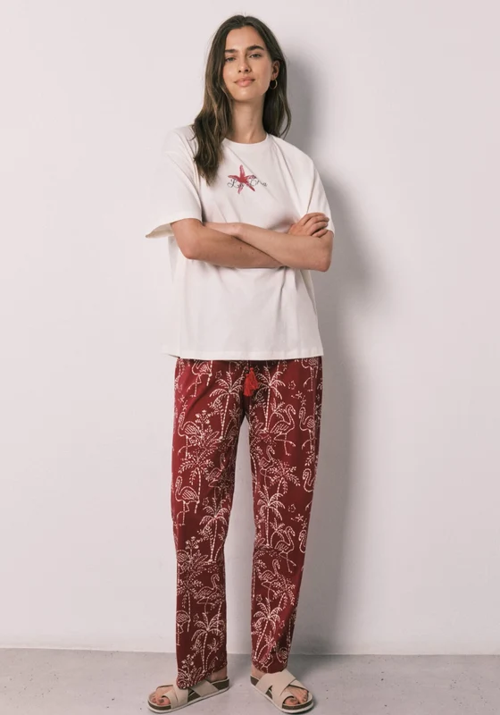 Stitch Palm Print Cotton Long Pyjama Set - White Ivory / L