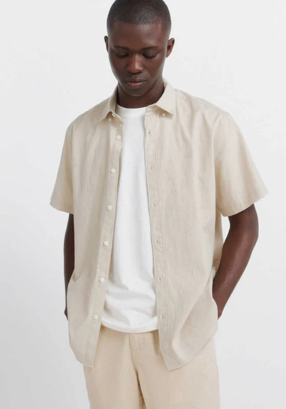 Linen Blend Short Sleeve Shirt - Beige Beige / L